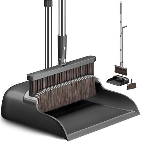 CTIME Broom and Dustpan Set, Extra Brush Head & 52 Adjustable Long Handle Standing Dustpan Set, with Dust Pan Teeth to Clean Pet Hair, Easy Sweeping Suitable for Home Kitchen Office Lobby