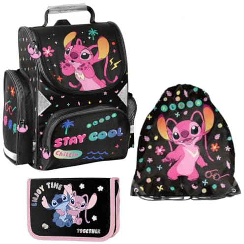 PASO- Schulranzen für Jungen und Mädchen, 3/5/7/14er-Set - Schul-Rucksack für Kinder mit Federmäppchen - Schuhbeutel - Stitch Motiv- 1-3 Klasse