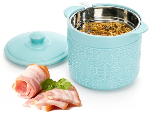 Lyellfe Ceramic Bacon Grease Container, 1200ml / 40oz Large Oil Storage Canister with Strainer Easy-Grip Handle, Blue Fat Cooking Oil Can for Grease Dripping Kitchen