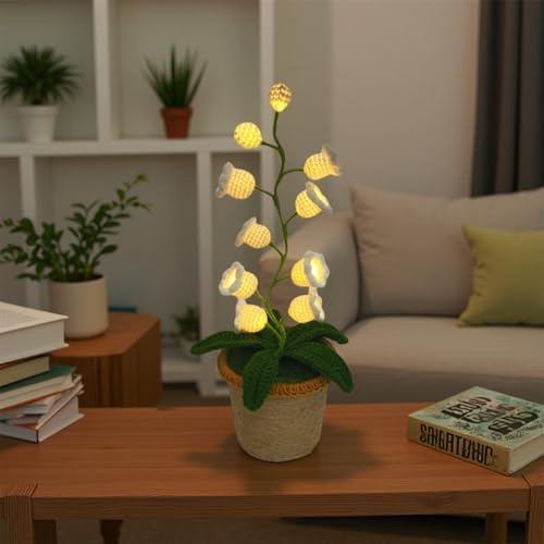 Lily of the Valley luce notturna, lampada da tavolo a forma di fiore all'uncinetto con LED, luce da comodino senza fili per decorazione camera da letto, regalo per donne, mamma, lei a Natale, San