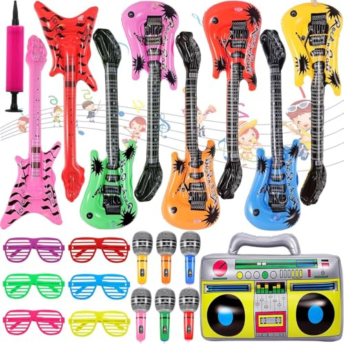 PLMMOUT 22 Stück Aufblasbare Instrumente Spielzeug, Aufblasbare Gitarre Aufblasbares Mikrofon Shutter Shading Gläser Radio Für Party Supplies Themenparty Festival Cosplay