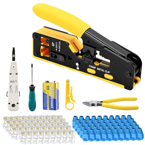 Netzwerk Werkzeug Set, Pass Through RJ45 Crimpzange für Cat5 Cat6 Cat7 mit 50 x LAN Kabel Stecker, Abisolierzange, Netzwerktester, Profi RJ45/RJ11/RJ12 Netzwerk Reparatur Kit Mit Batterie