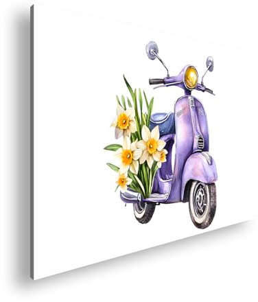 Farbenhorizont Leinwandbild Lila Vespa mit Narzissen – Frühling auf zwei Rädern Format: 100x70cm XXL Wandbild auf Keilrahmen/Kunstdruck/Bild Wohnzimmer Dekoration