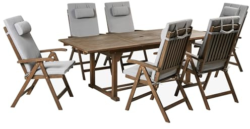 Beliani Gartenmöbel Set Holz Dunkelbraun Ausziehtisch mit 6 Stühlen Auflagen hellgrau Amantea Premium