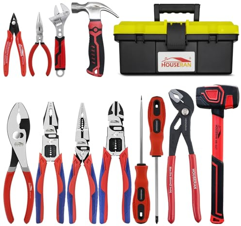 HOUSERAN Juego de Herramientas Profesional 12 Piezas – Set de Alicates CRV Resistente, Mazo de Goma, Llave Ajustable, Martillo de Uña y Caja de Herramientas para Electricidad, Reparación del Hogar