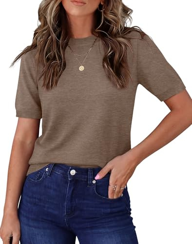 RUMIA Short Sleeve Sweater for Women 2026 Fashion Clothing Coffee L | Summer Knitwear,Sweater Shirt,Work Tops,Lightweight Cashmere Feel,Effortless Chic Tops,Office Attire,Cruise Outfits