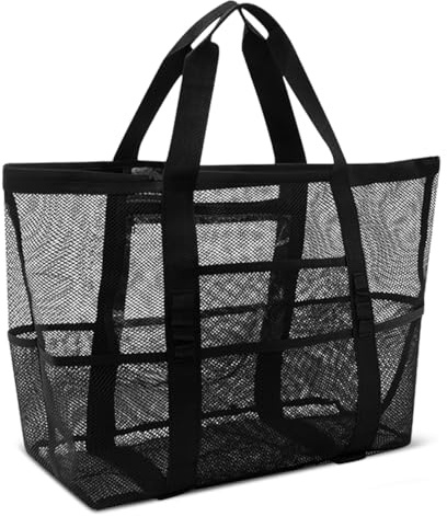 Grand Sac de Plage XXL en Maille avec Fermeture Éclair, Sac de Plage Femme Pliable avec Multi-Poches, Fourre-Tout Anti-Sable Pliable Main de Rangement pour Piscine, Voyage, Shopping, 43 x 20 x 39 CM