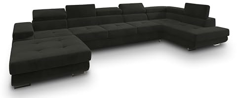 Masseno Ecksofa TORIVA R-S mit Schlaffunktion U-Form, Sofa mit Bettkasten, Wohnzimmersofa, Couch, Soffa, Bettsofa, Couchgarnitur- Schwarz, Monolith 95