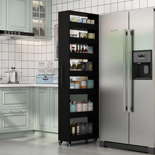Carrito rodante de cocina, carrito de almacenamiento delgado, gabinete de almacenamiento grande y estrecho con asa y ruedas, estante de madera para especias junto al refrigerador, estante de despensa