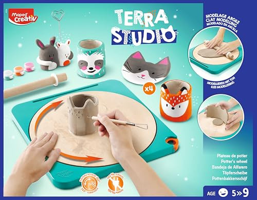 Maped CREATIV Töpfer-Set TERRA STUDIO – Manuelle Töpferscheibe aus Holz für Kinder ab 5 Jahren – Kreativ-Set mit Ton, Farben & Werkzeug – Bastelset zum Modellieren, Malen & Gestalten
