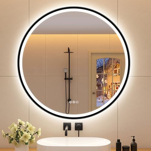 STARLEAD Badrumsspegel rund med belysning 90 cm diameter, LED-spegel rund med Bluetooth, dimbar, 3 ljusfärger, defogging, minne, IP44 HD härdat glas svart badrumsspegel