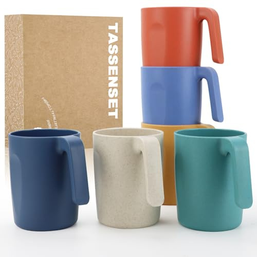 Wrova Tassen Set 500 ml – Unzerbrechlich Kaffeetassen Set 6er, Mehrweg Camping Tassen, Spülmaschinen- und Mikrowellengeeignete Kunststoff-Trinkgläser für die Küche – Mehrfarbig