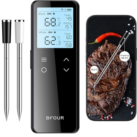 BFOUR WiFi Bluetooth trådlös kötttermometer, 100% vattentät grill termometer med 2 sonder, dubbel temperaturövervakning för grill, ugn, stekning - BF-80