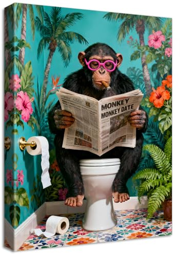 HALFLEMART Affe Leinwand Bilder Mit Rahmen Lustige Affe liest Zeitung auf der Toilette Bild Tiere Humor Wandbilder Wandkunst Kunstdruck auf Leinwand Malerei Badezimmer Toilette WC Wanddekor 40x60cm