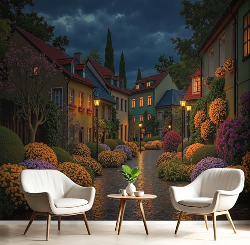 Papel Pintado Salón Dormitorio Arquitectura Jardín Cielo Nocturno - Fotomurales Panorámico Pared Ciudad Nórdica Decorativos Murales Grande Azul Oscuro Fotográfico Decoración De Paredes, 350X256Cm