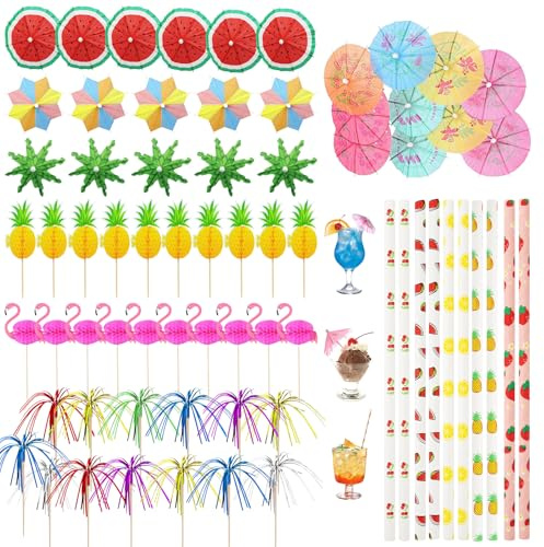Yuaerbuo 130Pcs Cocktail Accessories for Drinks, Cocktail Umbrellas and Straws Reusable Cocktails Decorating Supplies Cocktail Drink Decoration Set for Party Drinks Bar Summer Beach Holiday