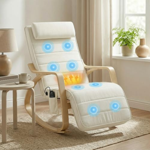 HOMCOM Schaukelstuhl Schaukelsessel mit Massagefunktion Kopfstütze Creme | Heizung, 5-fach Verstellbare Fußstütze, Relaxstuhl mit Samtoptik, Seitentasche, Schwingsessel für Wohnzimmer, Schlafzimmer