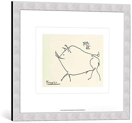 kunst für alle Bild mit Bilder-Rahmen: Pablo Picasso Kleines Schwein - dekorativer Kunstdruck, hochwertig gerahmt, 60x50 cm, Silber gebürstet