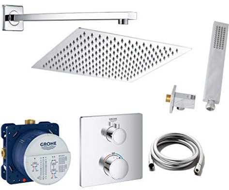 vanvilla Duschsystem mit Unterputz Duscharmatur von Grohe Grohtherm 2-Wege Thermostat und vanvilla Regendusche mit Armatur mit Thermostat, Duschkopf eckig, Dusch-SET G09 poliert