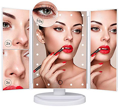 PUVLISZ Vanity Cosmetic/Makeup Mirror with 22 LED Lights, Touch Screen, Magnification Tri-Fold 2X 3X Magnifying, 180° Free Rotation, Dual Power Supply White