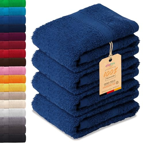 EllaTex Paris 4er Set Gästetücher 30x50 cm – 100% Baumwolle, 500 g/m² Frottier, flauschig, Farbe: Königsblau