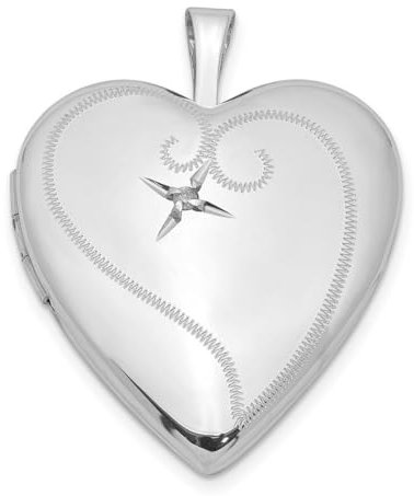 925er-Sterlingsilber, gravierbar, für 2 Fotos, poliert und satiniert und Diamant, 20 mm, Herz-Medaillon, Schmuck für Frauen, One Size, Diamant Metall Silber, Diamant