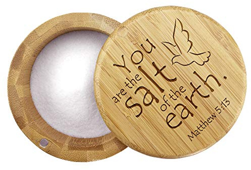 Totally Bamboo Salt Cellar Bamboo Storage Box with Magnetic Swivel Lid, 6 Ounce Capacity, You are the Salt of the Earth Matthew 5:13 Engraved on Lid