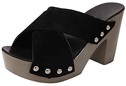 Hausschuhe Frauen Kreuzgurt Chunky Heel Dick High-Heels Flip Flop Open Toe (38,Schwarz)