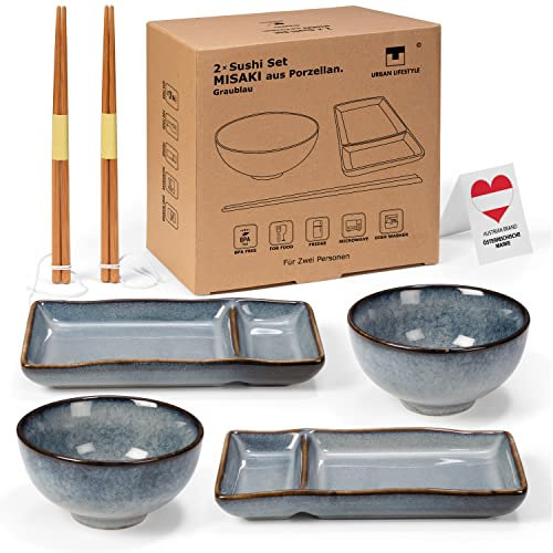 Sushi Geschirr set Misaki für 2 Person, Set Japanischer für Miso Suppe Maki Reis, aus 2 Teller Set, 2 Schalen aus Keramik, 2 Paar Stäbchen (Graublau)