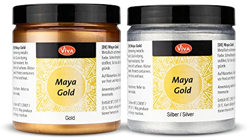 Viva Decor Maya Gold 2 x 250 ml (Gold & Silber) Glänzende Metallic Farben zum Basteln - Acrylfarben Metallic für Holz, Pappe, Beton, Papier, Leinwand - Made in Germany