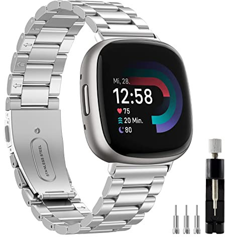 Songsier Armband Kompatibel mit Fitbit Versa 4/ Versa 3, Keine Lücke Solider Edelstahl Metall Ersatzband mit Doppelfaltschließe Kompatibel mit Fitbit Sense 2/ Sense