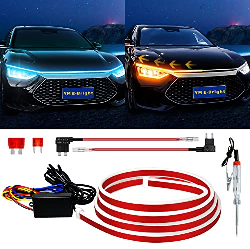 Dynamic Scan Start Up Hood Light Strip Sequential Flowing Turn Signal Lights Flexible Car Led Light Strip Exterior DRL Daytime Running Light,Dual Color Amber Ice Blue Switchback 12V 70inch (1Set)
