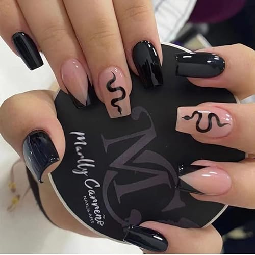 Black False Nails, Short Square Press on Nails, Acrylic Stick on Nails, 24pcs Design Cool Fake Nail with Glue Sticker Nail Tips Cool (Snake Short, 24pcs)