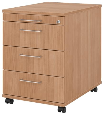 bümö Rollcontainer mit Schubladen, Container abschließbar aus Holz in Nussbaum - Rollwagen für's Büro als Schreibtisch Unterschrank, Bürocontainer od. Schreibtischcontainer mit Bügelgriffe