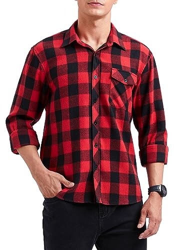 HISDERN Camicia da Uomo in Flanella Scozzese Casual a Maniche Lunghe Camicie abbottonate a Quadri Regular-Fit Rosso XL