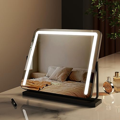 EMKE LED Hollywood Schminkspiegel mit Beleuchtung - Rechteck Hollywood Spiegel mit Dimmbar, 360° drehbar, Speicherfunktion, 3 Lichtfarben, Beleuchteter Kosmetikspiegel - Schwarz, 60x52cm