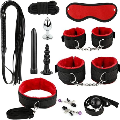 11PCS Bondage Set Erotic Suit Sex Bondage Toys for Couples Bed Restraints Set Neck and Leg Cuffs Kit Sexy Swing Sex Restraintants Set with Anal Plug Trainer Kit 73941-73944 (Red)