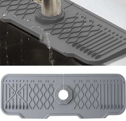 Veki Silicone Faucet Mat for Draining, Kitchen Tap Sink Splash Guard, Foldable Tap Drip Draining Holder, Faucet Handle Drip Catcher Tray for Kitchen and Bathroom Countertop Protect (43 cm, Grey)