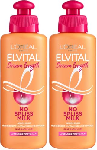 L'Oréal Paris Elvital Leave-In Haarkur gegen Spliss, Für langes, geschädigtes Haar, Ohne Ausspülen, Ohne Parabene, Mit Rizinus-Öl, Dream Length No Spliss Milk, 1 x 200 ml (Packung mit 2)