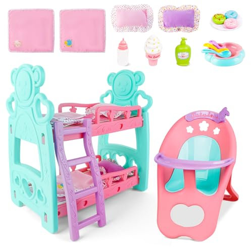 deAO Accessoires Set Pour Poupées De Bébé, Poupées Incluses, Lit Surélevé de Poupée Avec Escabeau, Couverture et Oreiller, Pour Poupée 28-36cm, Chaise De Poupée, Biberon de Poupée, Cadeau Fille 3 Ans+