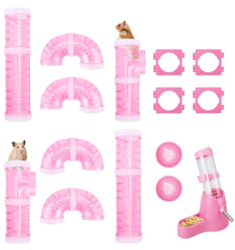 RETON Hamster Tunnel Set, Transparente Röhren für Kleine Hamster, Adventure Externes Rohr mit Trinkflasche, Sport Erweitern Sie den Raum (Rosa)