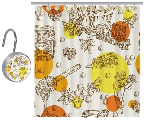 VAPOKF Duschvorhang mit Bienen-Honigglas und Wabenmuster, Polyester, Duschvorhang-Set mit 9 Edelstahl-Haken für Badezimmer, rustikales Bauernhaus, 122 x 182 cm