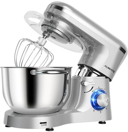 AUMATE Küchenmaschine, 1400 W, 6,2 L Knetmaschine, Teigmaschine mit Rührhaken, Knethaken, Schneebesen, 6 Geschwindigkeit, Mixer (Silber)