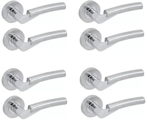 4 Pack Door Handle on Rose, Verona Lever Door Handles in Dual Polish/Satin Chrome Finish, Internal Lever Handle, Internal Door Handles with a Standard Latch, Mortice or Bathroom Lock.