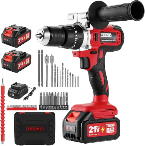 TEENO Perceuse Visseuse Sans Fil 21V Pour Batterie Makita 2 Batteries 4.0Ah, 90Nm Max Perceuse Percussion Sans Fil avec 39 Accessoires et Valise,20+3 RéGlages de Couple,13mm Mandrin,2 Vitesses,LED