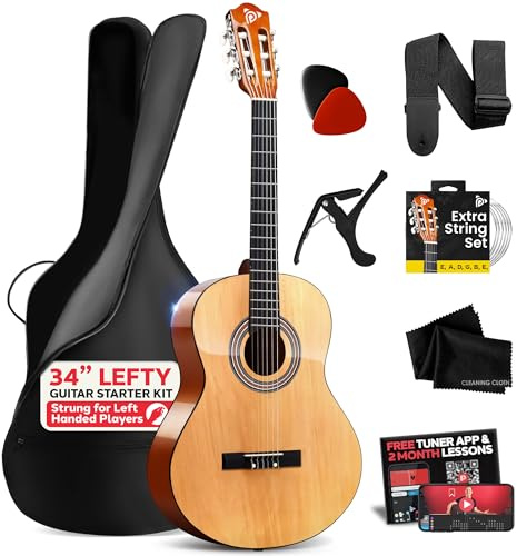 Pyle Akustikgitarre für Linkshänder, Junior-Größe, 86 cm, Nylonsaite aus Holz mit Kapodaster, extra Saiten-Set und akustischer Gigbag, für Kinder, Erwachsene, Jugendliche, klassisches Set, natürlicher