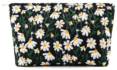 SSyang Kosmetiktasche, Kulturtasche Segeltuch Mäppchen Make Up Schminktasche Lila Blumen Waschtasche Travel Cosmetic Organizer Portable Multifunktionaler Reisen Kulturtasche,Chrysantheme(Schwarz)