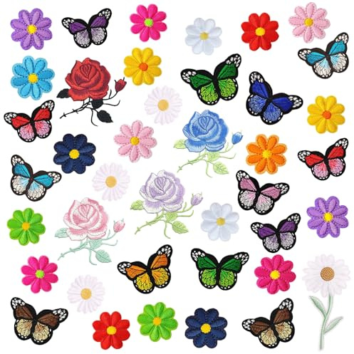 40 Stück Flicken zum Aufbügeln, Blumen Schmetterling Aufnäher Patches, Aufnäher zum Aufbügeln Gänseblümchen Patches zum Aufbügeln für Kleidung Jeans Jacken Mützen Rucksäcke