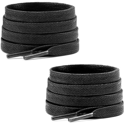 TUYOBG 2 Pairs Flat Black Shoe Laces, Waxed Cotton Boot Laces for Women and Men, Replacements for Sneakers Trainers Dr Martens Work Boot Walking Running Sports Athletic Shoes Casual Shoes