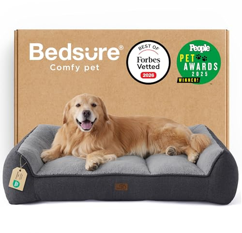 BEDSURE extra Dickes ergonomisches Hundebett Grosse Hunde, 122x89x25cm | druckentlastendes Hundesofa mit wasserdichter & wasschbarer Hülle, rutschfestes Bett mit weichem Sherpa-Plüsch, dunkelgrau